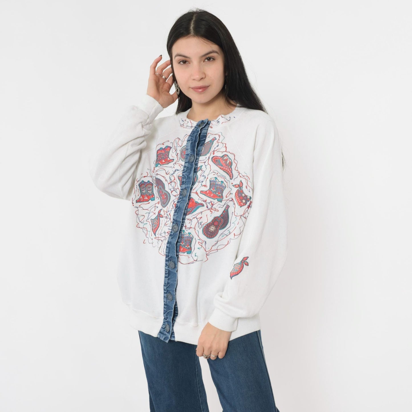 90s Western Cardigan Sweatshirt White Cowboy Boot Guitar Hat Applique Extra Large