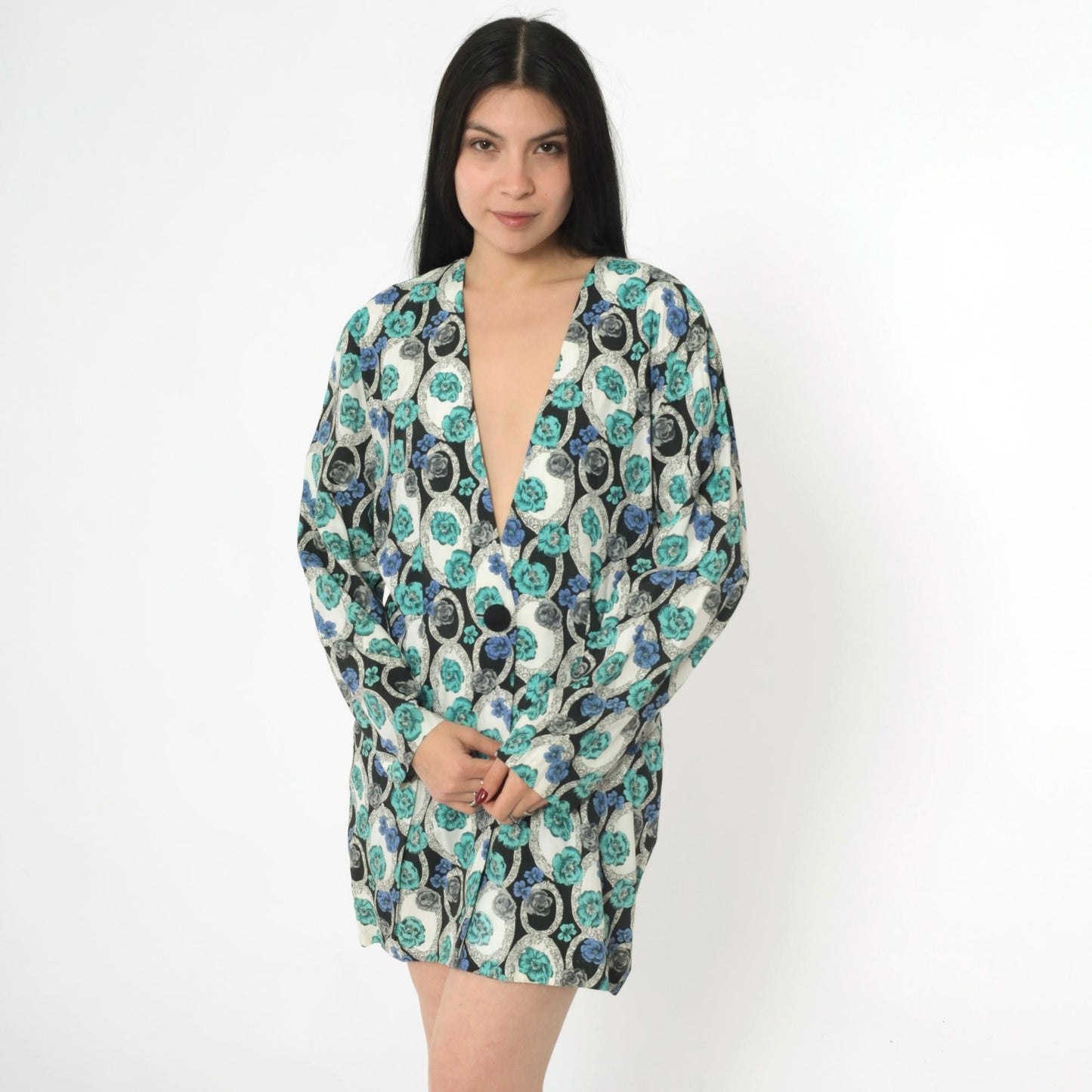 90s Young Edwardian Floral Blazer Deep V Neck Single Button Black White Blue Large