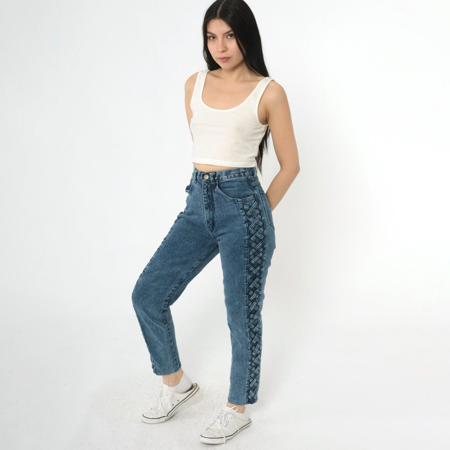 90s Blue Denim High Waist Tapered Jeans Lace Up Side Small S