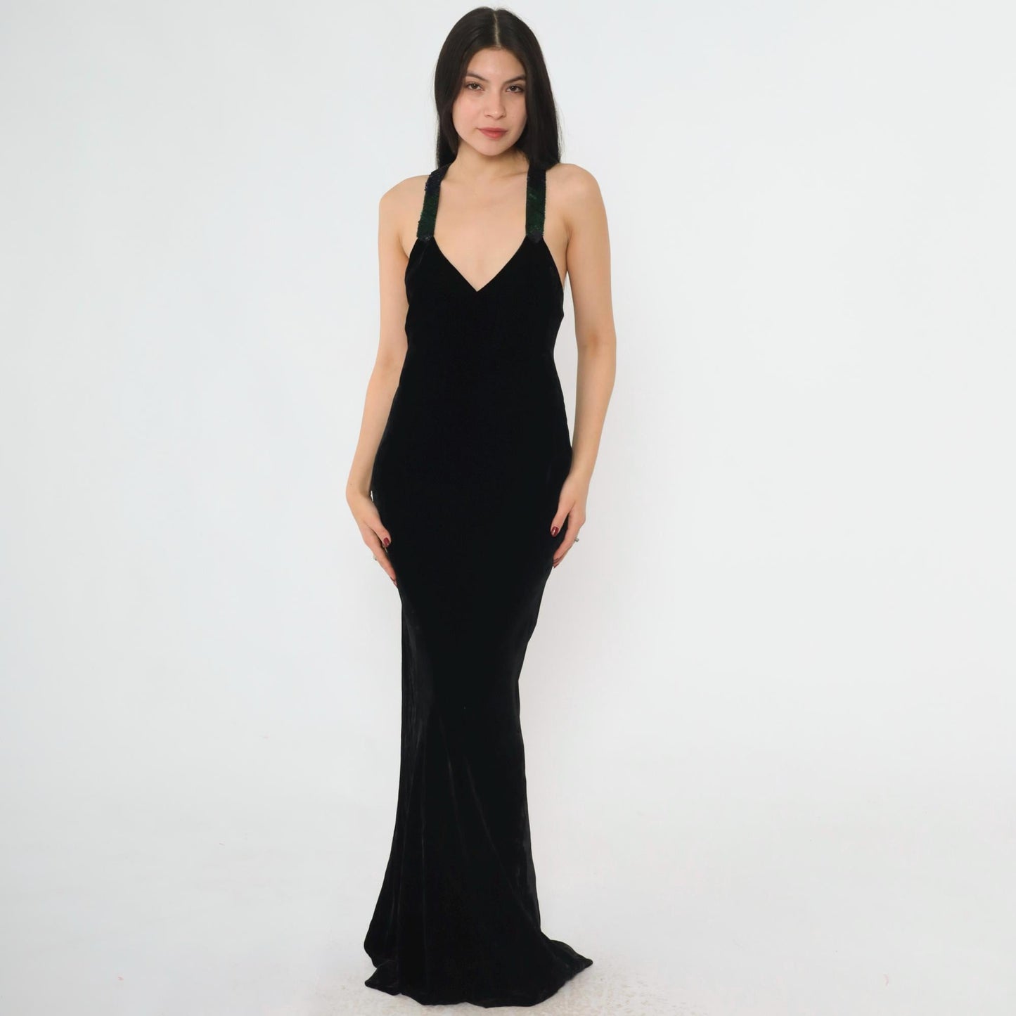 90s Ralph Lauren Collection Black Velvet Maxi Gown Sequin Straps Open Back Small 4