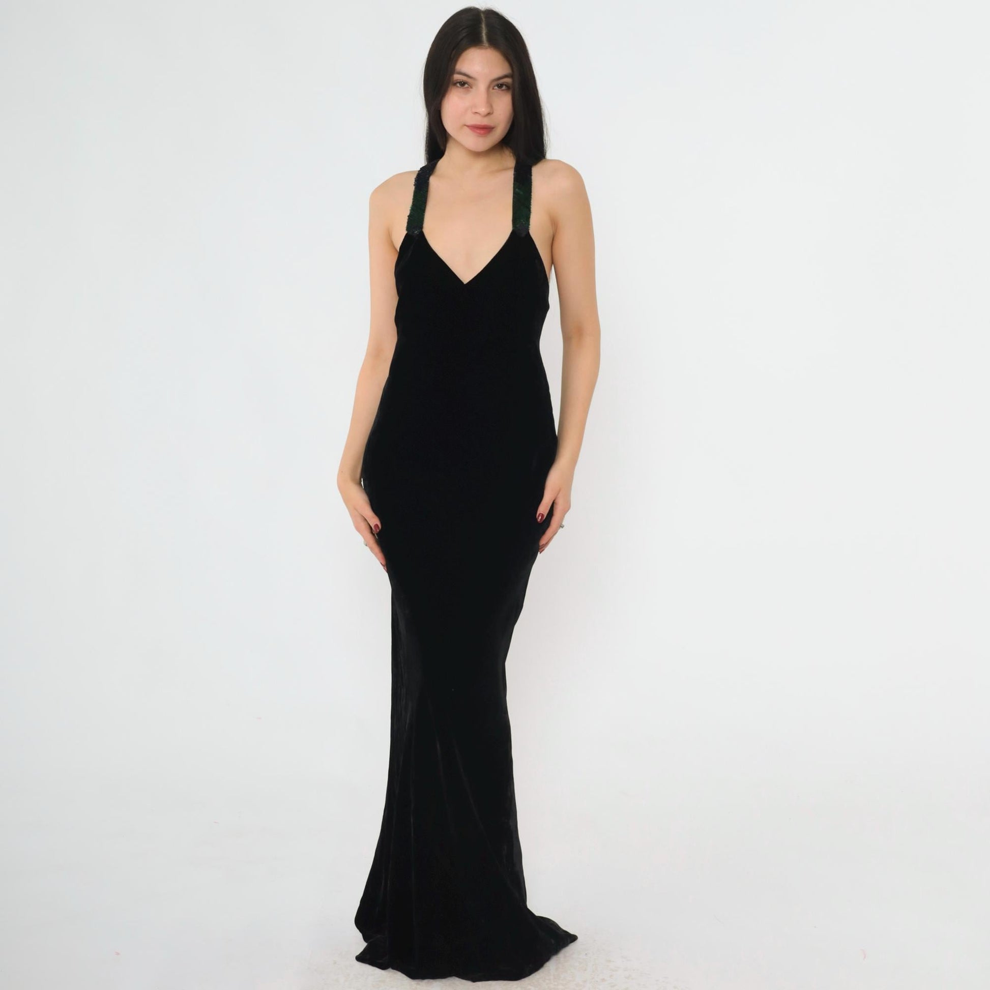 90s Ralph Lauren Collection Black Velvet Maxi Gown Sequin Straps Open Back Small 4