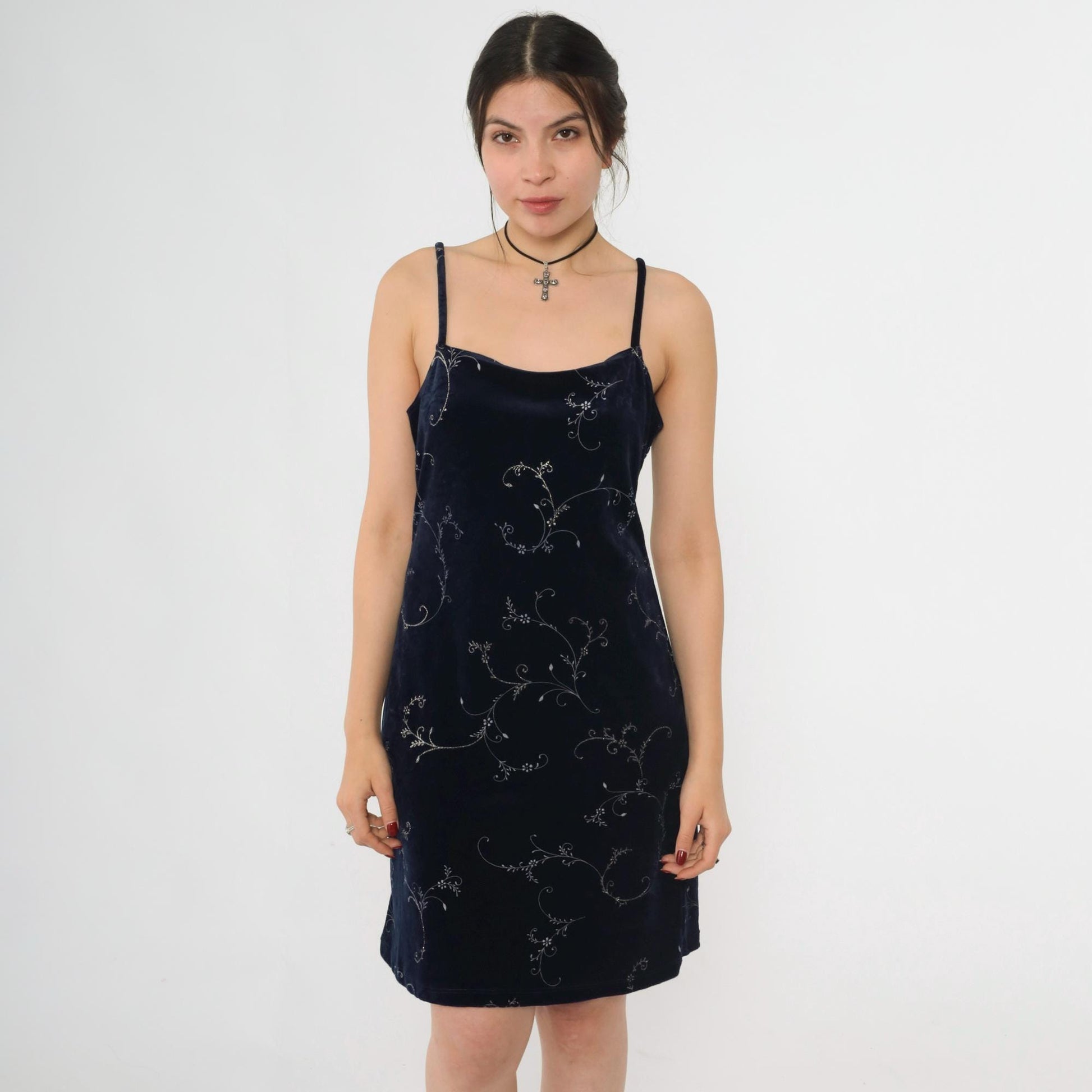 Y2K Navy Velvet Mini Dress Glittery Floral Spaghetti Strap Sheath Large