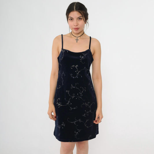 Y2K Navy Velvet Mini Dress Glittery Floral Spaghetti Strap Sheath Large