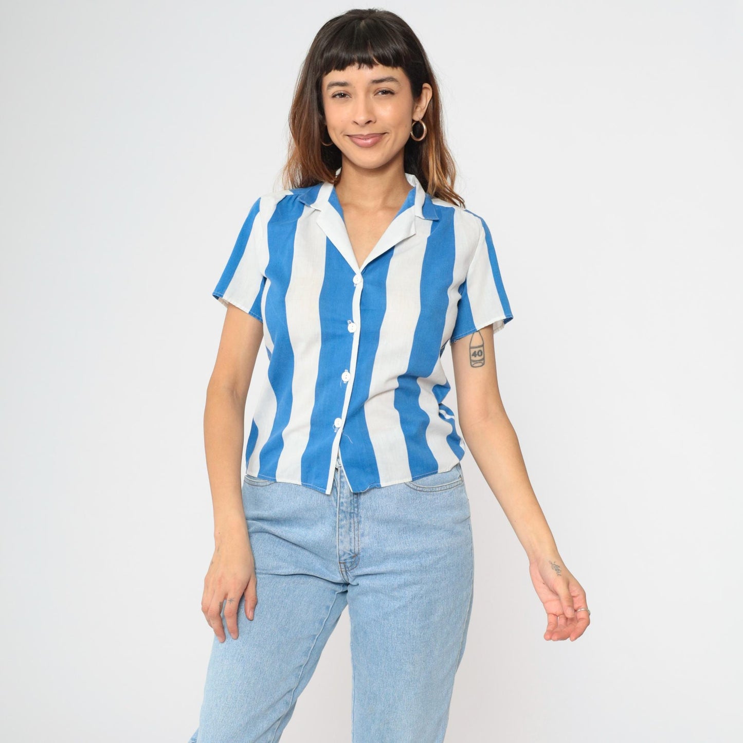 80s Blue & White Striped Button Up Shirt Short Sleeve Blouse Small