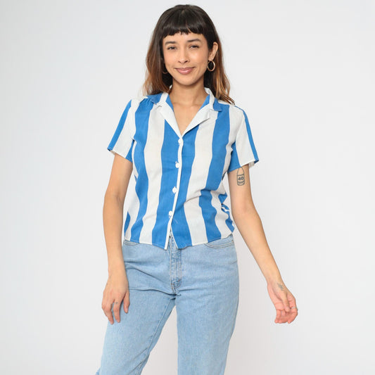 80s Blue & White Striped Button Up Shirt Short Sleeve Blouse Small