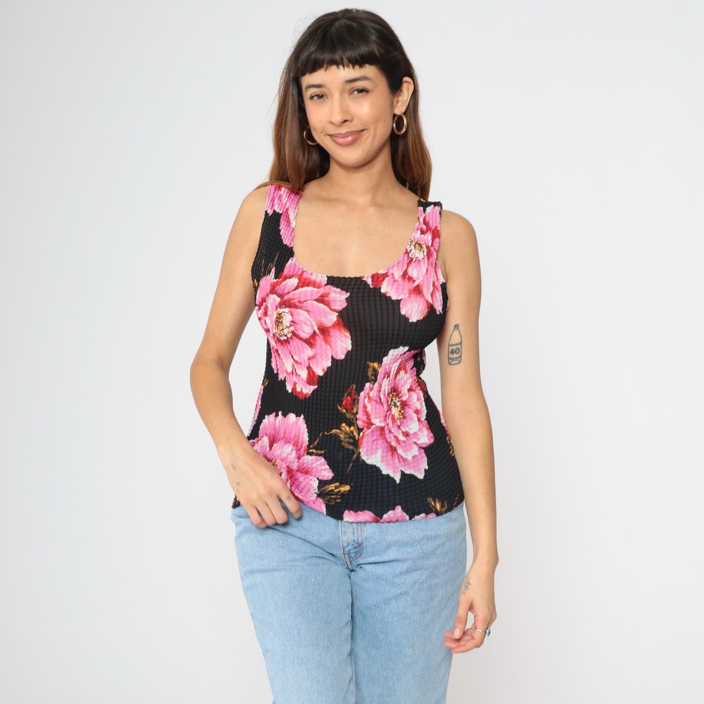 Y2K Floral Popcorn Tank Top Black Pink Scoop Neck Sleeveless Medium