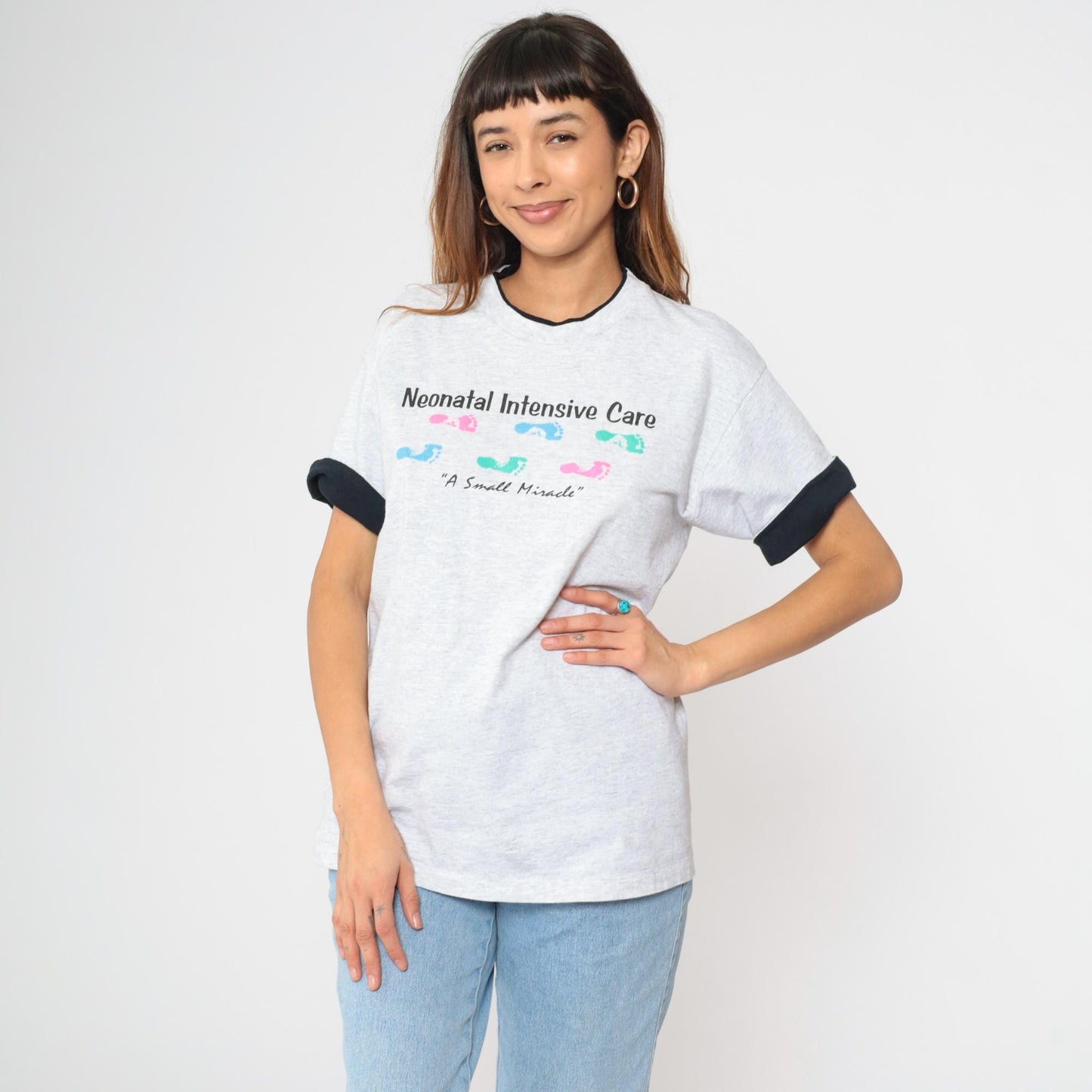 90s Neonatal Intensive Care T-Shirt Grey Ringer Tee Baby Footprint Medium