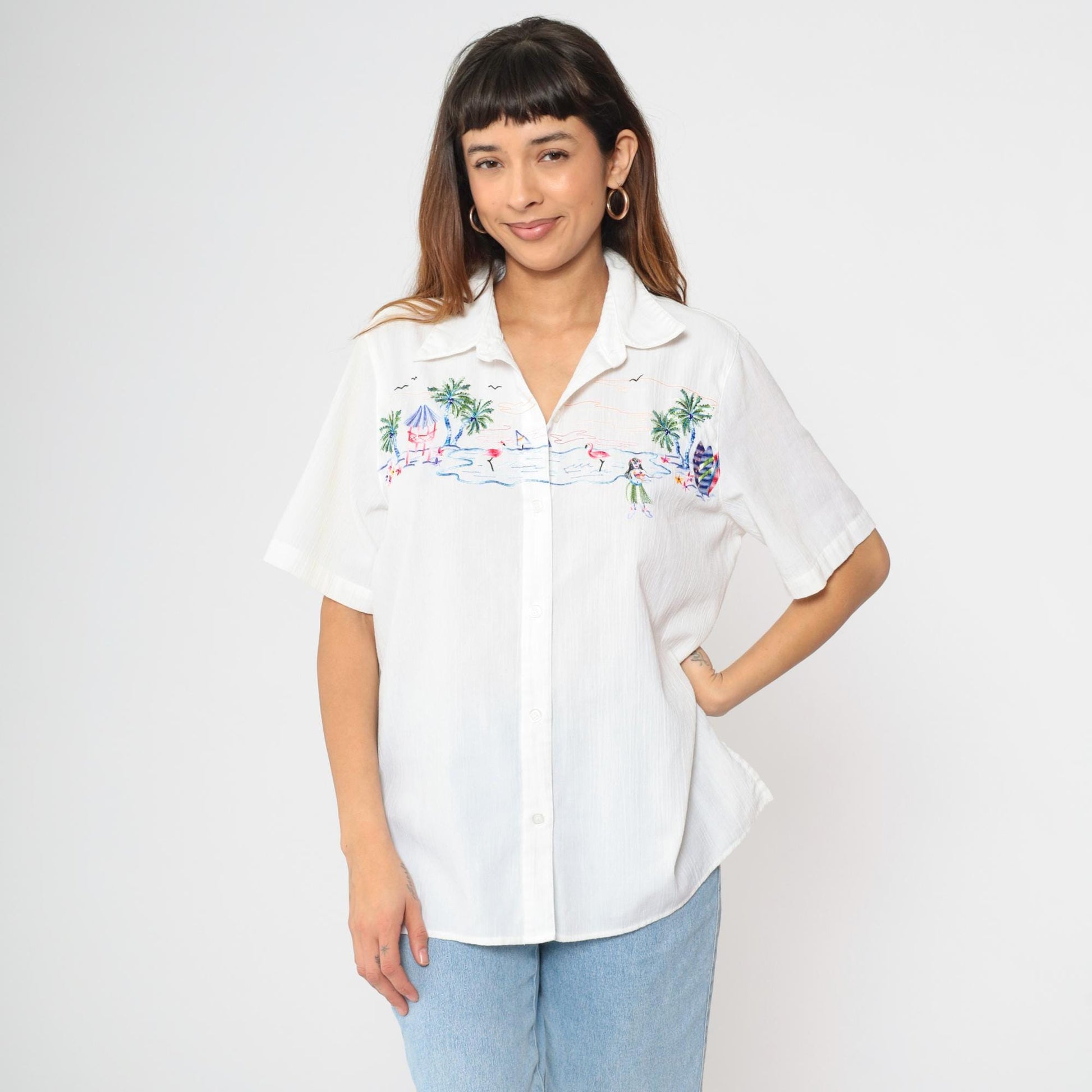 90s Alfred Dunner Hawaiian Shirt White Hula Girl Embroidered XL