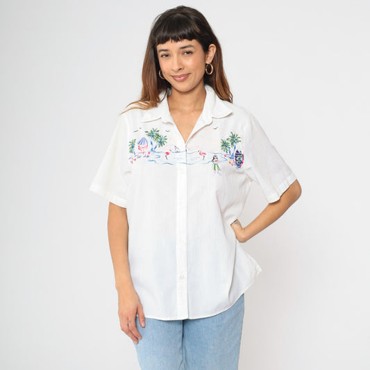 90s Alfred Dunner Hawaiian Shirt White Hula Girl Embroidered XL