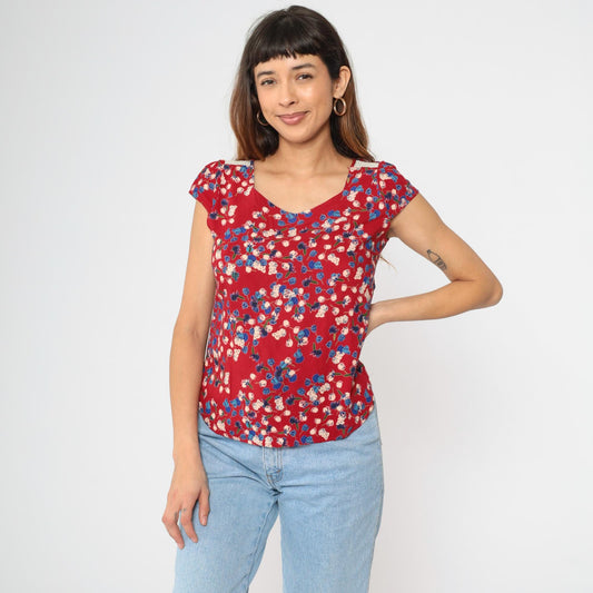 Y2K Red Floral Blouse Lace Trim Puff Sleeve Scoop Neck Extra Small