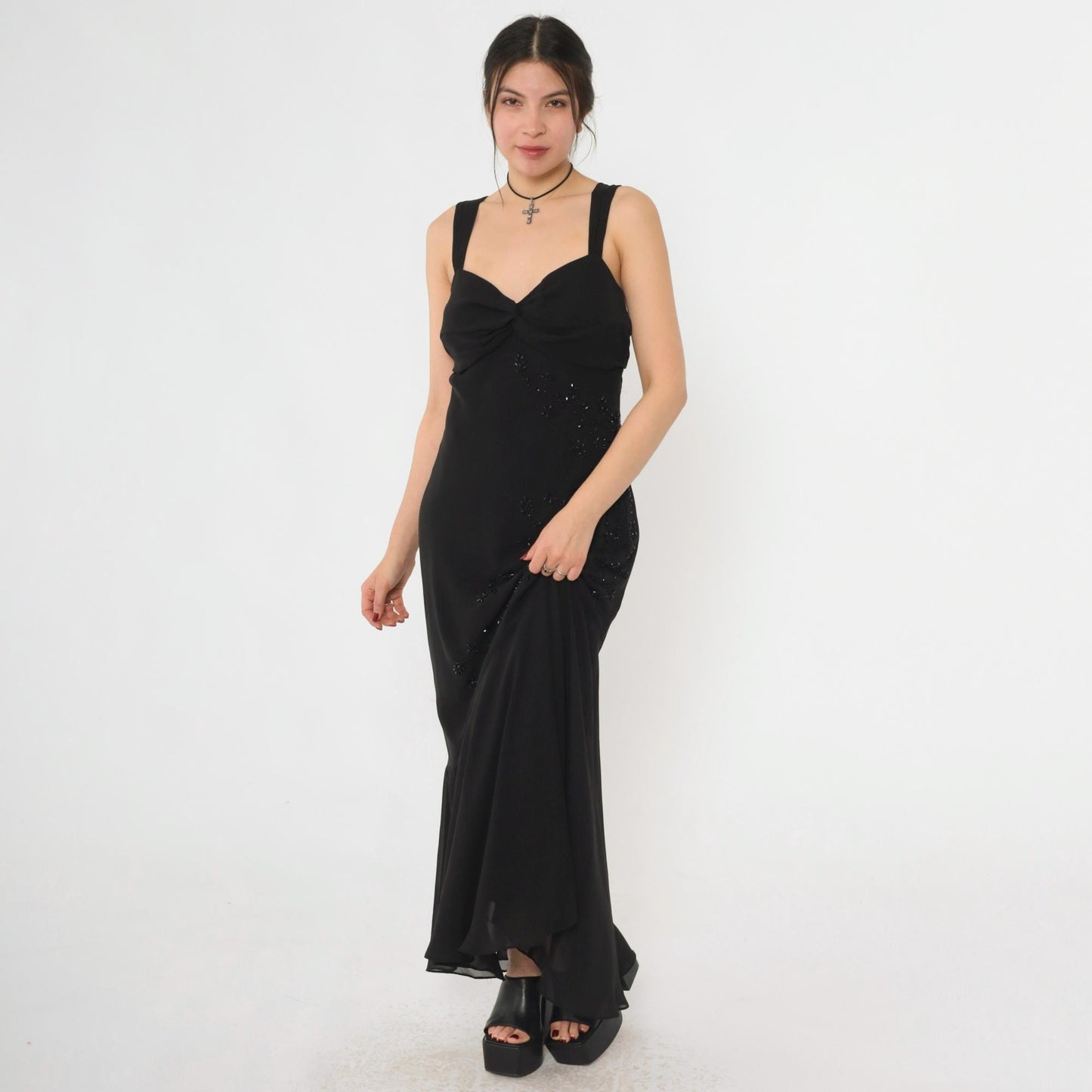 Y2K Black Chiffon Maxi Dress Floral Beading Sweetheart Neckline Large