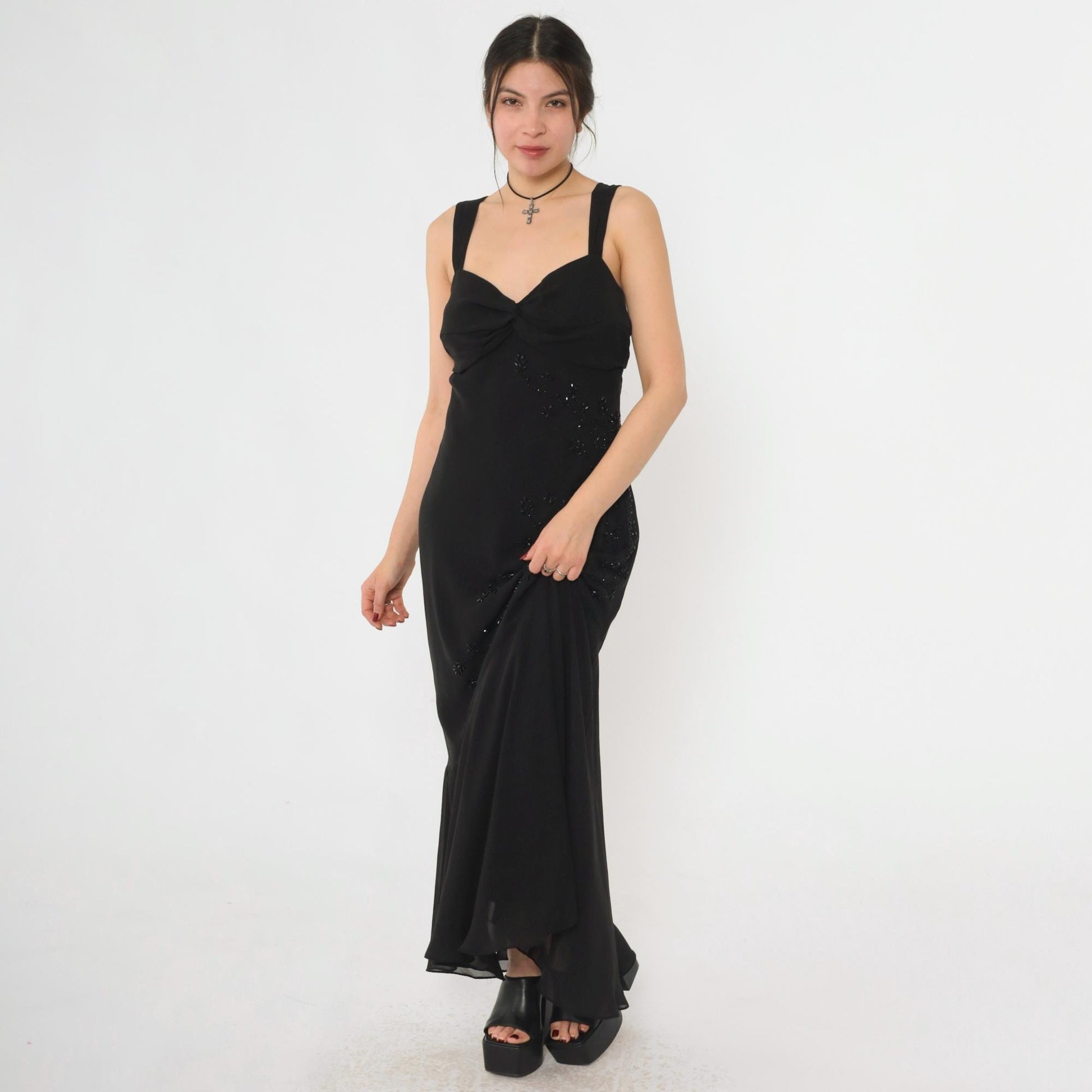 Y2K Black Chiffon Maxi Dress Floral Beading Sweetheart Neckline Large