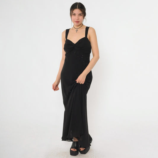 Y2K Black Chiffon Maxi Dress Floral Beading Sweetheart Neckline Large