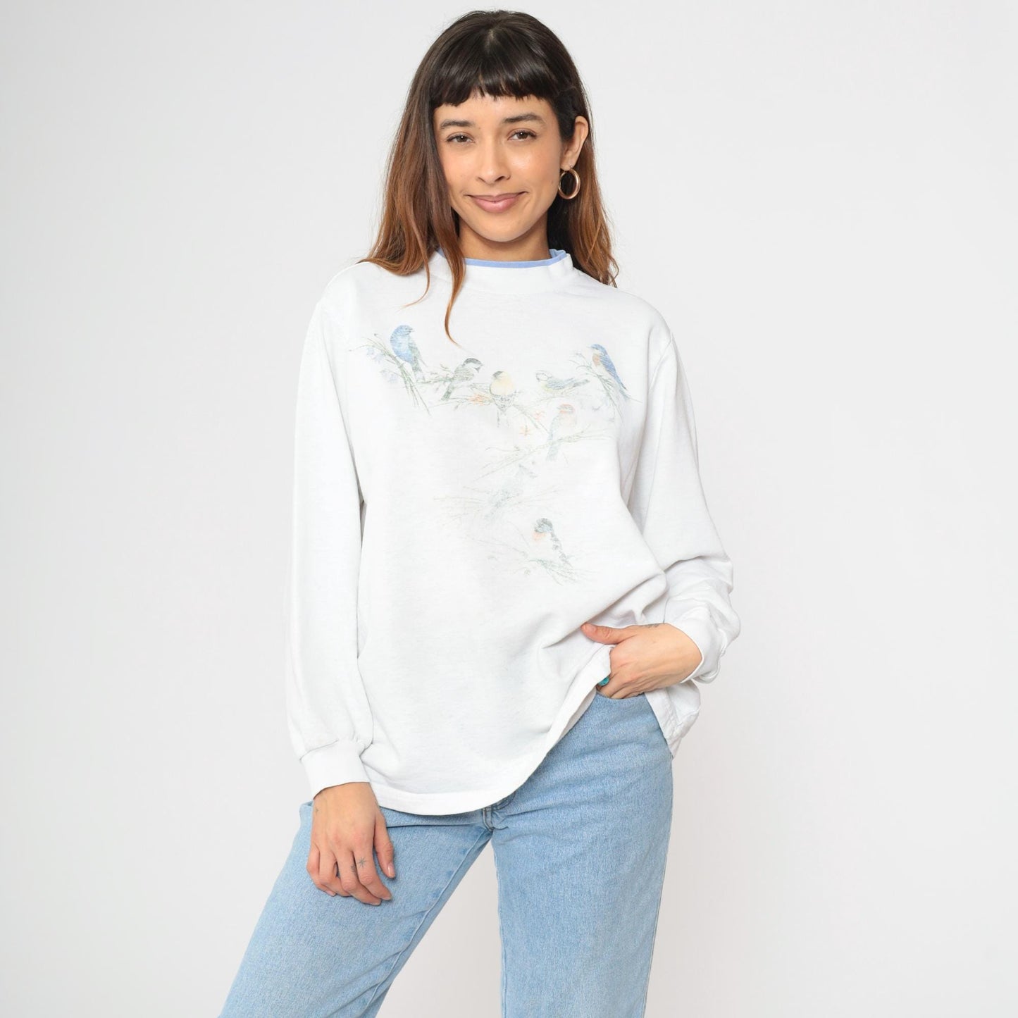 90s Bird Wildlife Sweatshirt White Graphic Double Collar Pullover Large L