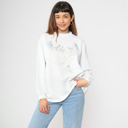90s Bird Wildlife Sweatshirt White Graphic Double Collar Pullover Large L