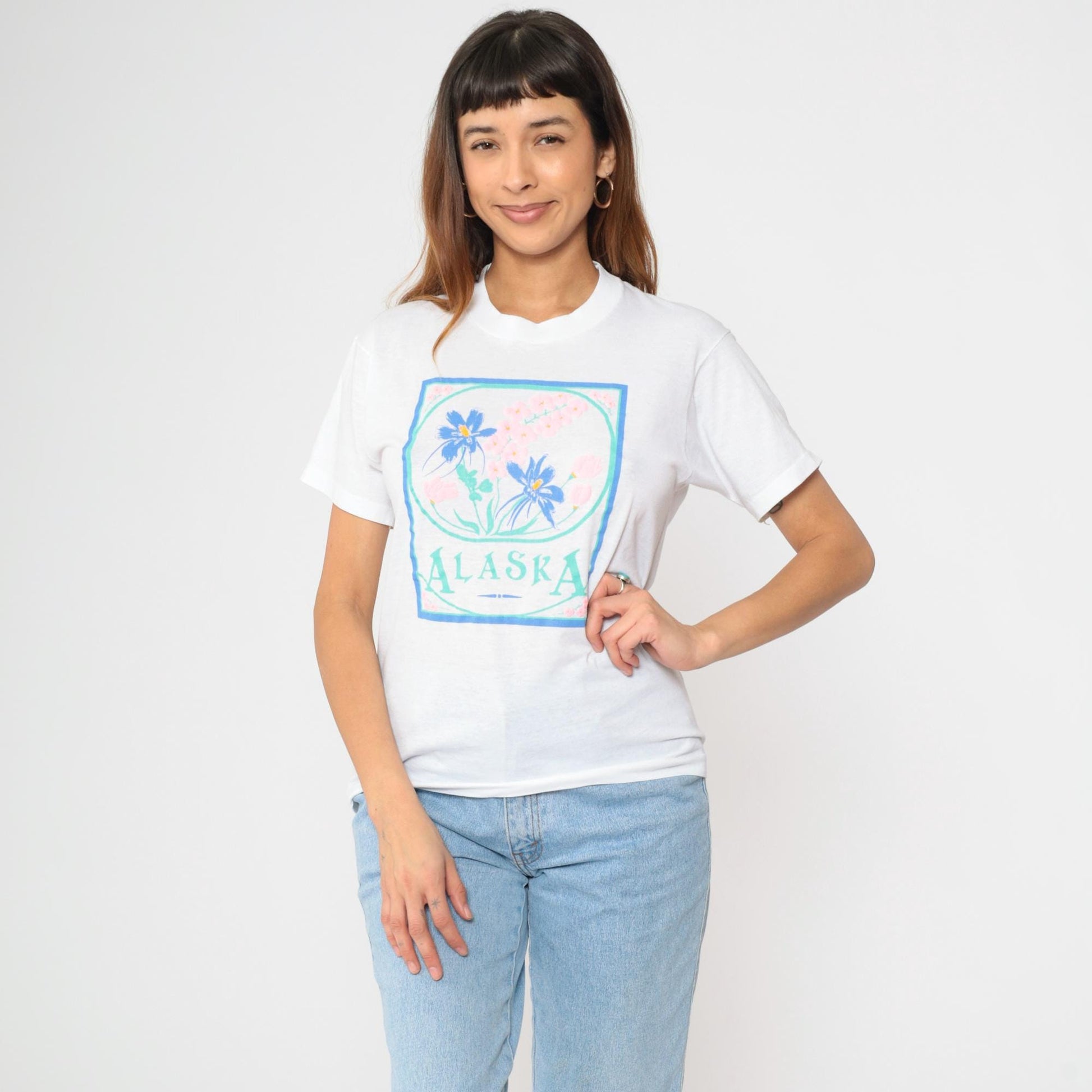 90s Screen Stars Alaska Floral Graphic T-Shirt White Single Stitch Small