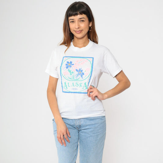 90s Screen Stars Alaska Floral Graphic T-Shirt White Single Stitch Small