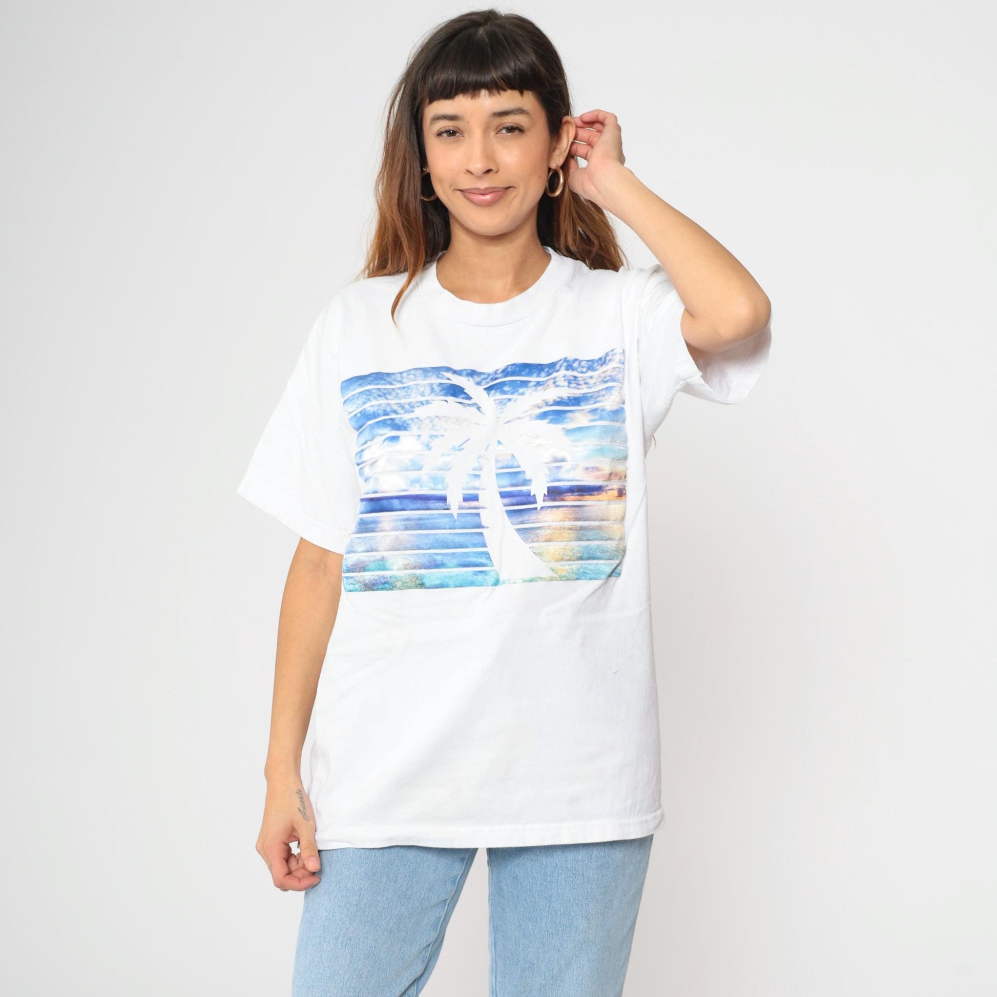 90s Palm Tree Sunset Graphic T-Shirt White Cotton Crew Neck Large L