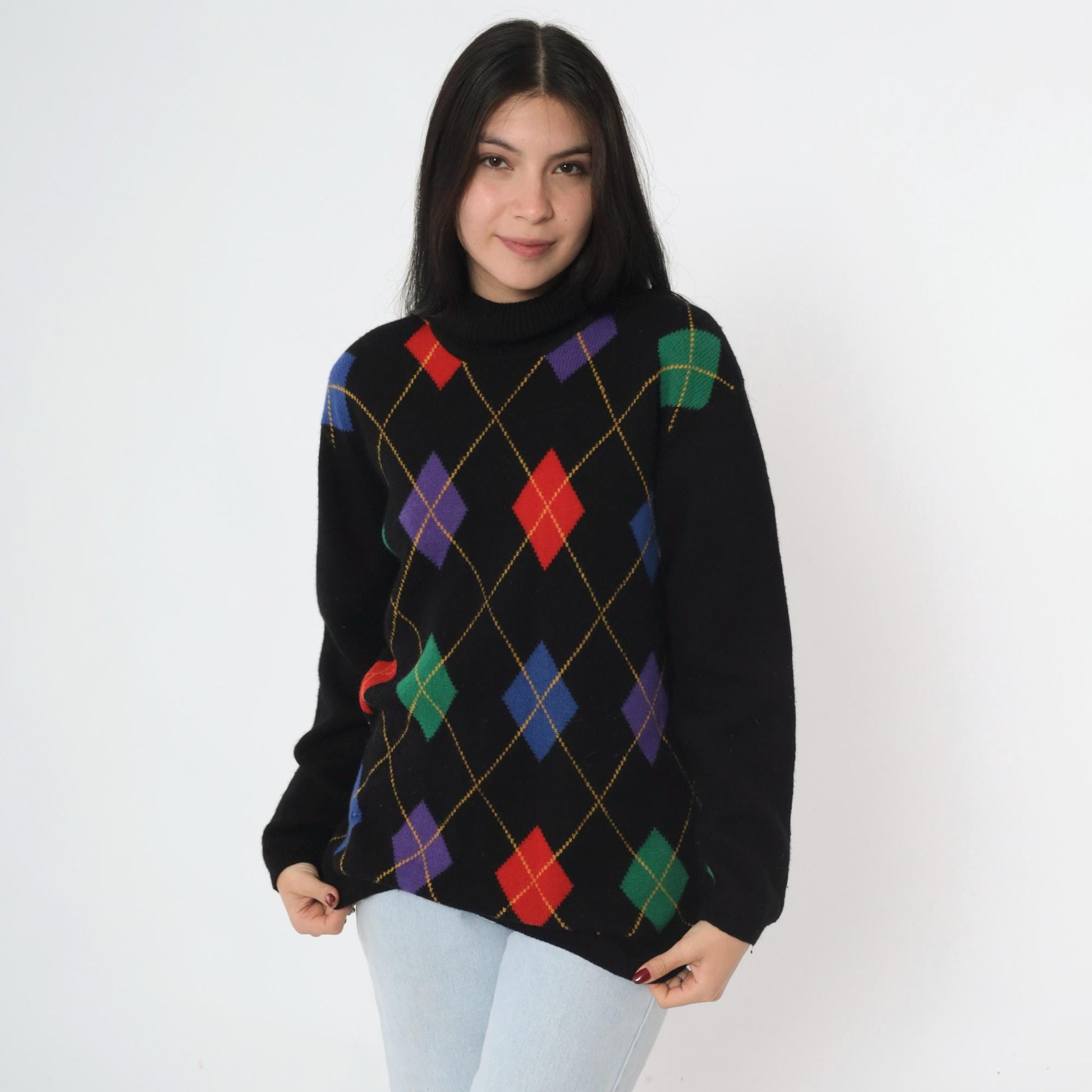 80s Wheeler & Martha Wool Argyle Sweater Black Mock Neck Medium