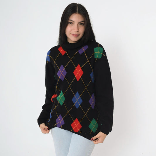 80s Wheeler & Martha Wool Argyle Sweater Black Mock Neck Medium