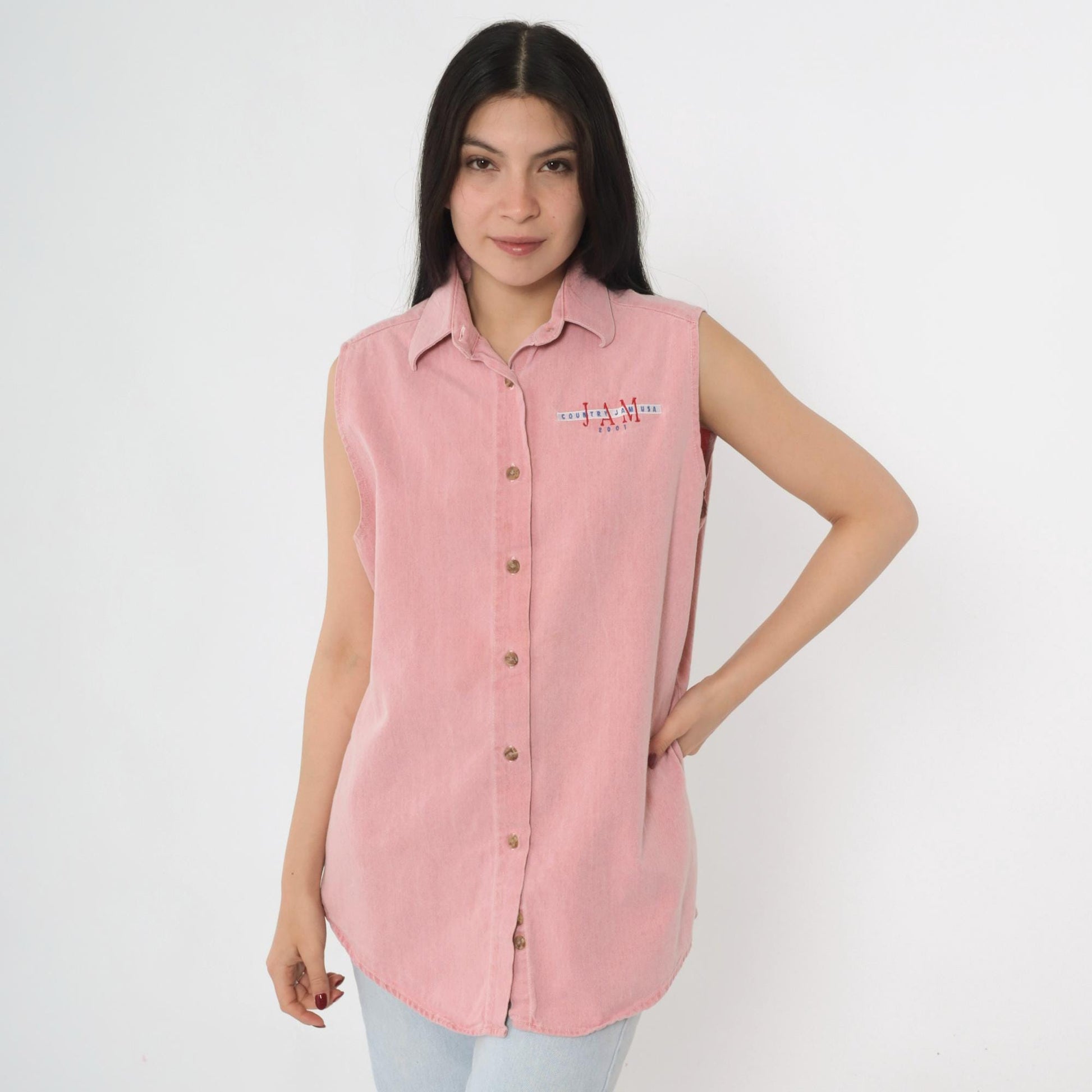 Y2K Country Jam USA 2001 Pink Denim Sleeveless Shirt Embroidered Western Large L