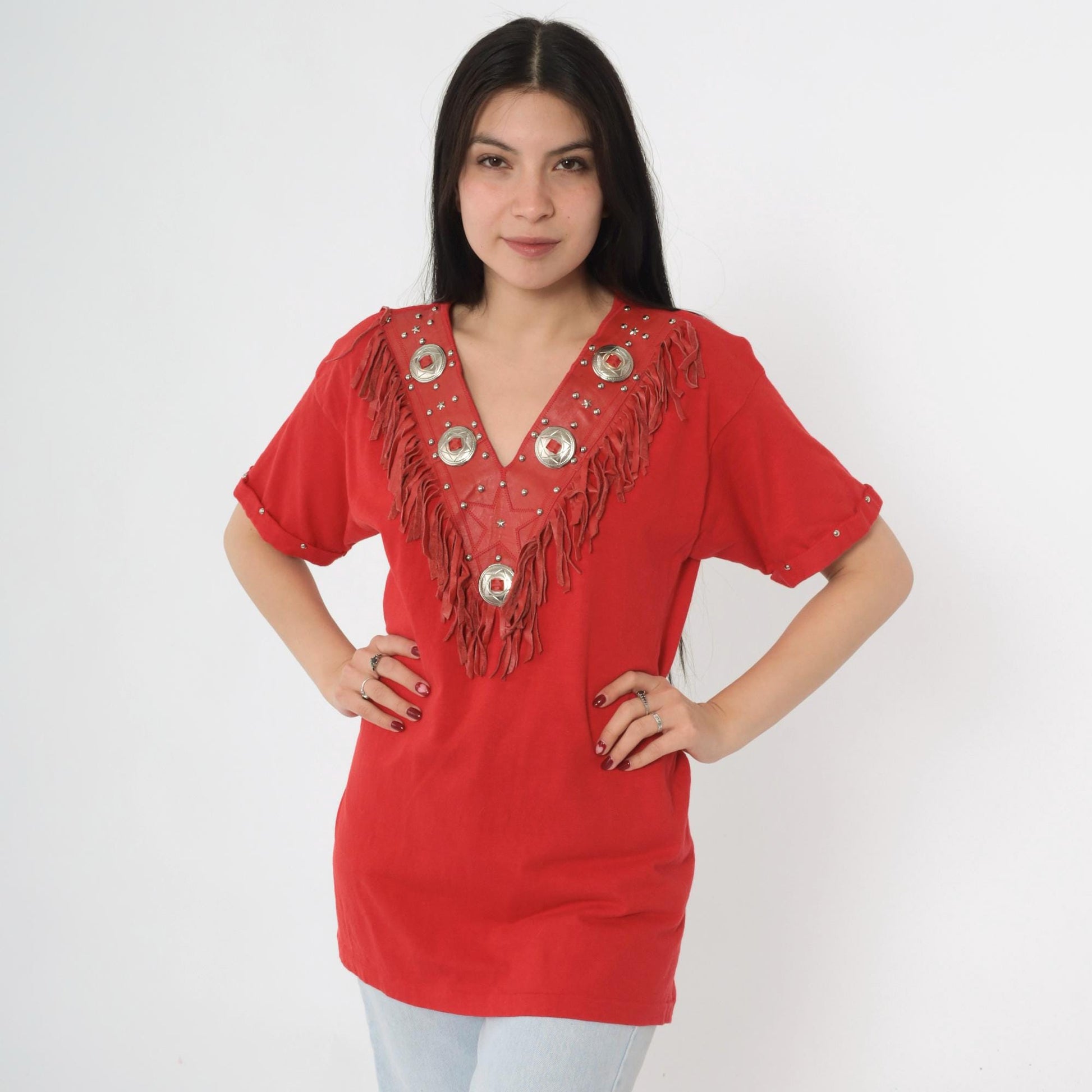 90s Pierre Pascal Red Leather Fringe Western T-Shirt Concho Stud V-Neck Medium