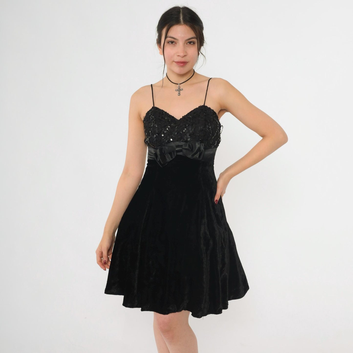 80s Black Velvet Lace Sequin Mini Dress Sweetheart Spaghetti Strap Empire Waist Extra Small
