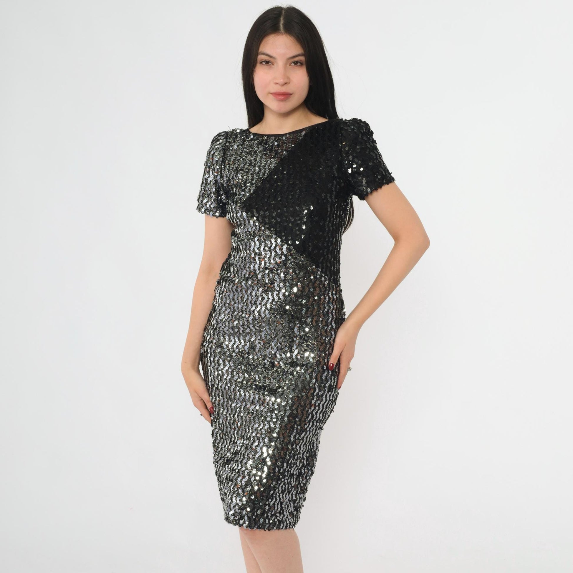 80s Silver Black Sequin Color Block Mini Dress Puff Sleeve Scoop Back Small