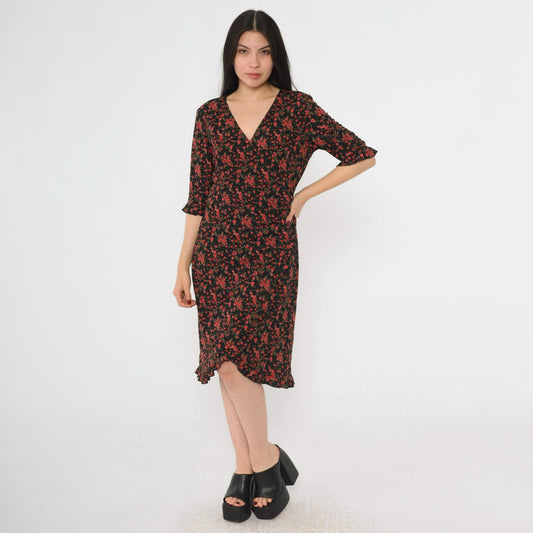 90s Connected Apparel Black Floral Midi Dress Rose Print V Neck Medium