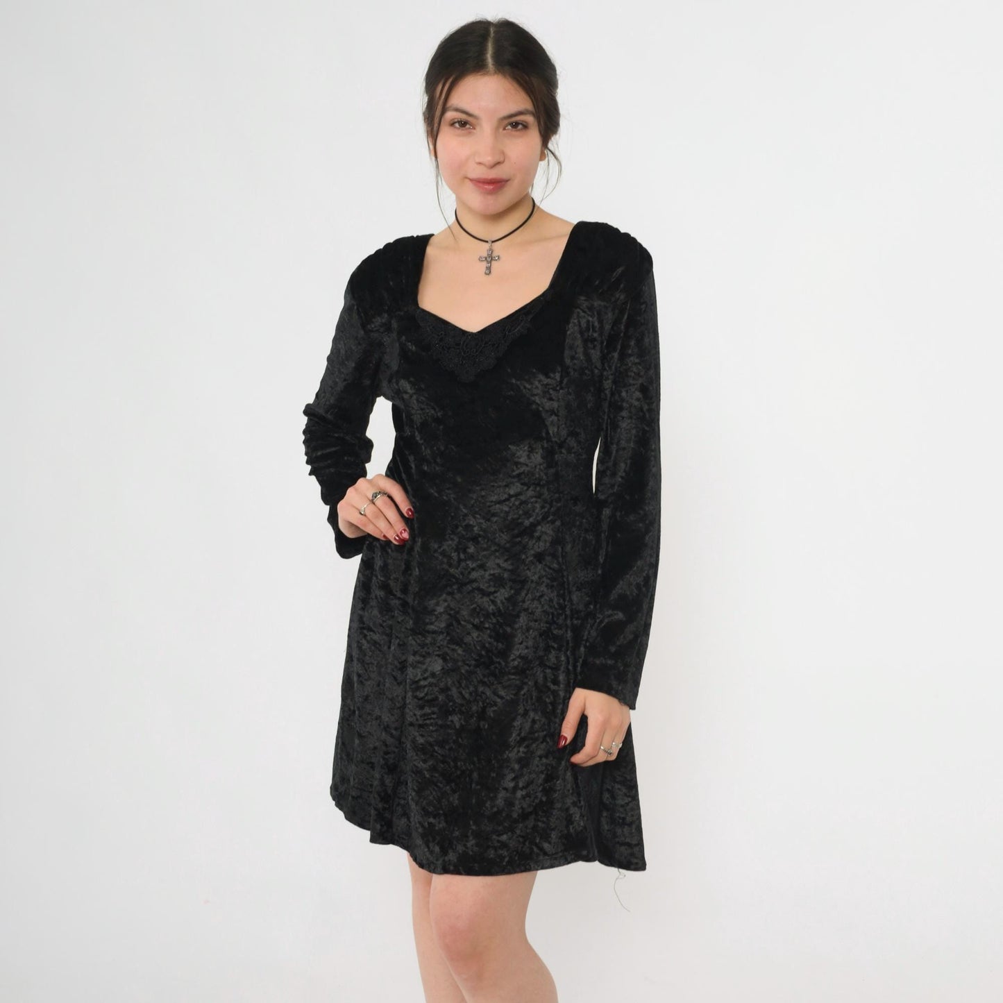 90s Black Crushed Velvet Mini Dress Lace Trim Long Sleeve Medium M