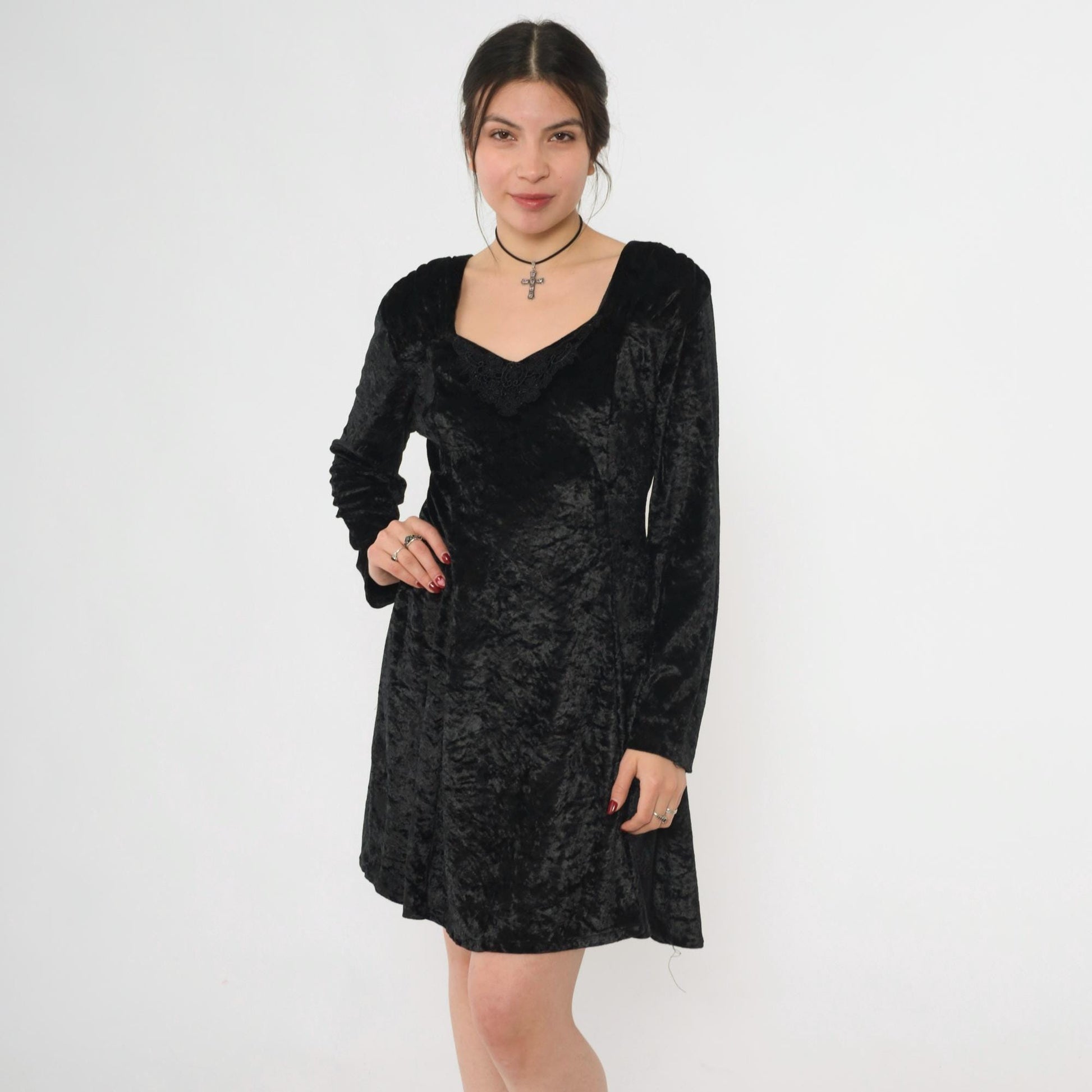 90s Black Crushed Velvet Mini Dress Lace Trim Long Sleeve Medium M