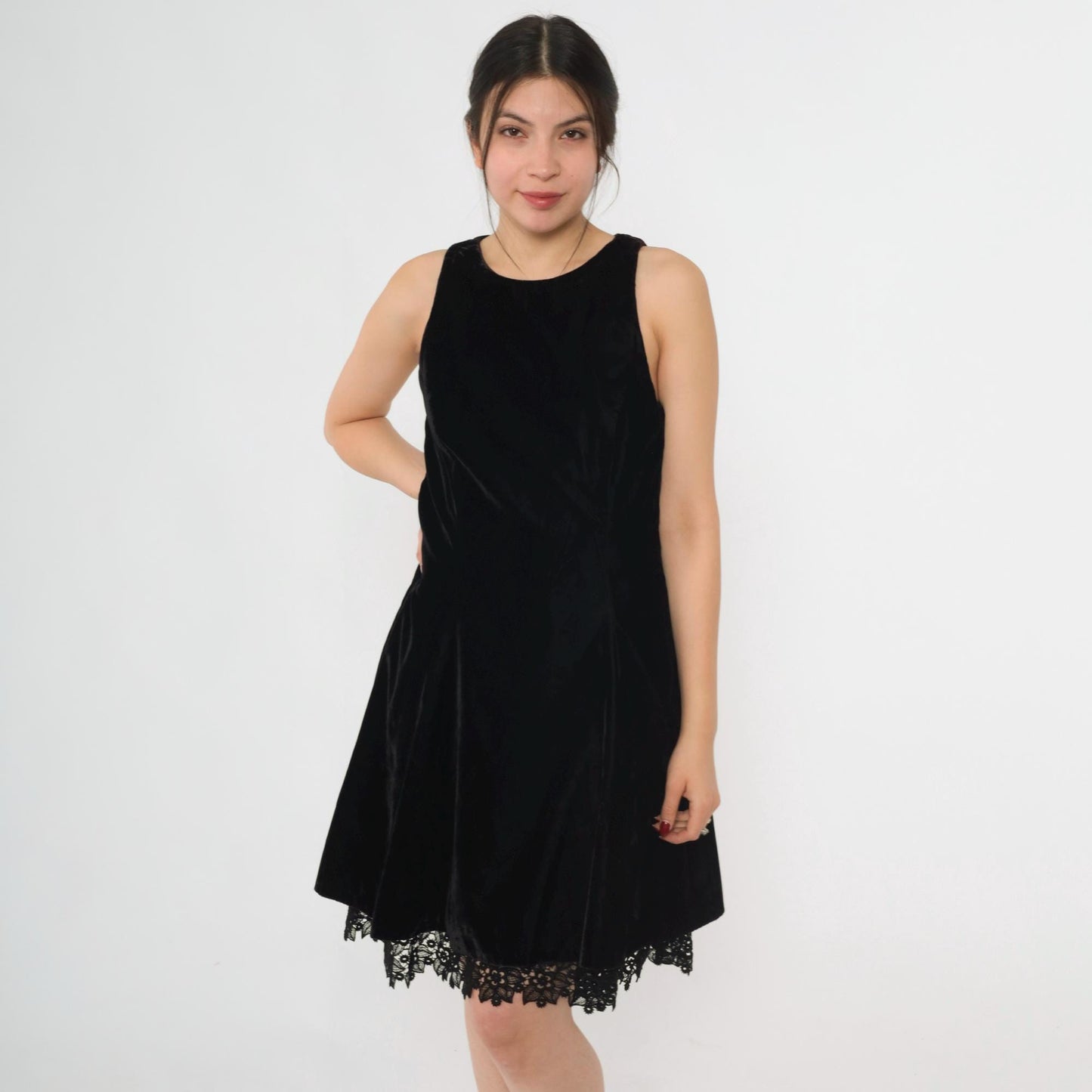 90s Black Velvet Mini Dress Lace Trim Jewel Neck A-Line Sleeveless Small