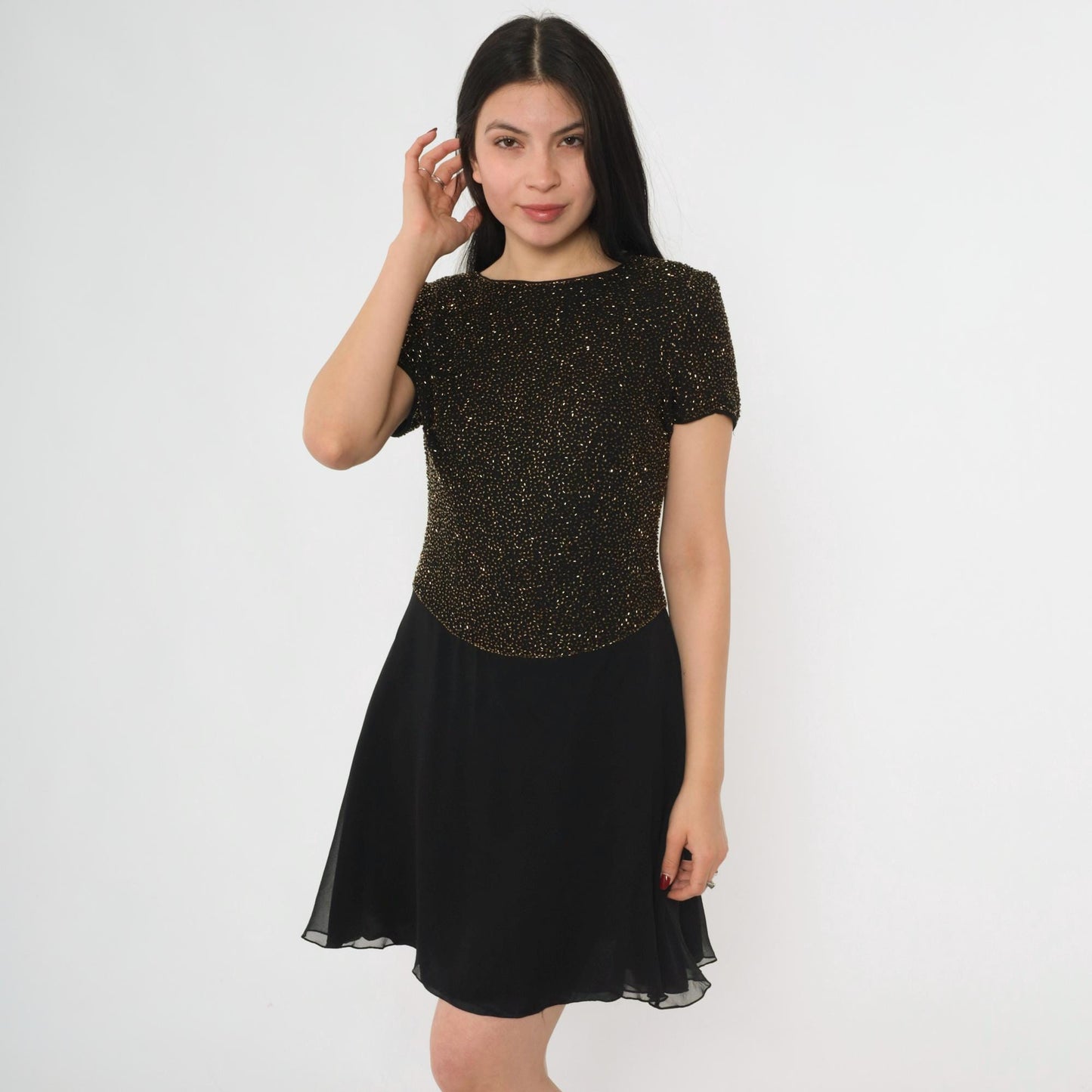 90s Cache Beaded Silk Chiffon Mini Dress Black Gold Fit Flare Small