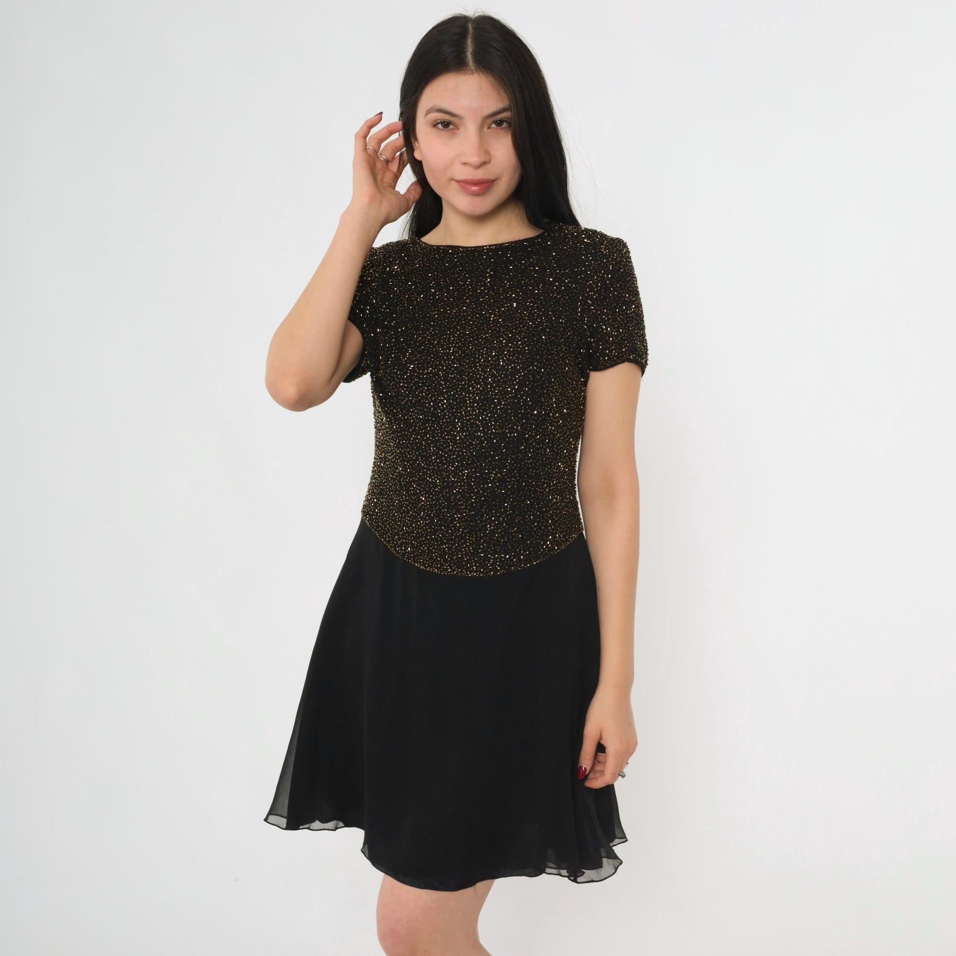 90s Cache Beaded Silk Chiffon Mini Dress Black Gold Fit Flare Small