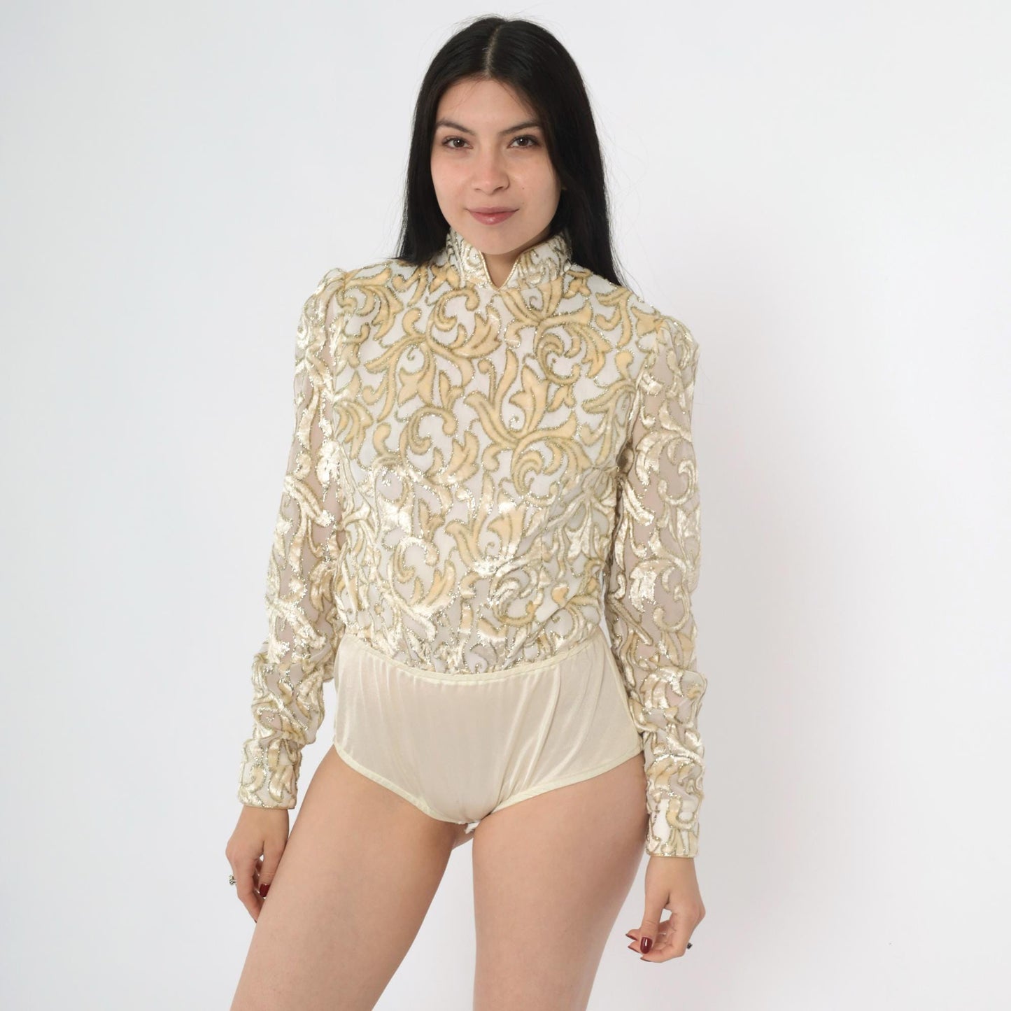 80s Metallic Velvet Burnout Bodysuit Ivory Gold Mandarin Collar Long Sleeve Extra Small