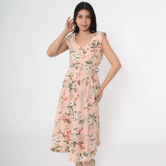80s Pink Floral Midi Shirtdress Basque Waist Cap Sleeve Button Front Medium