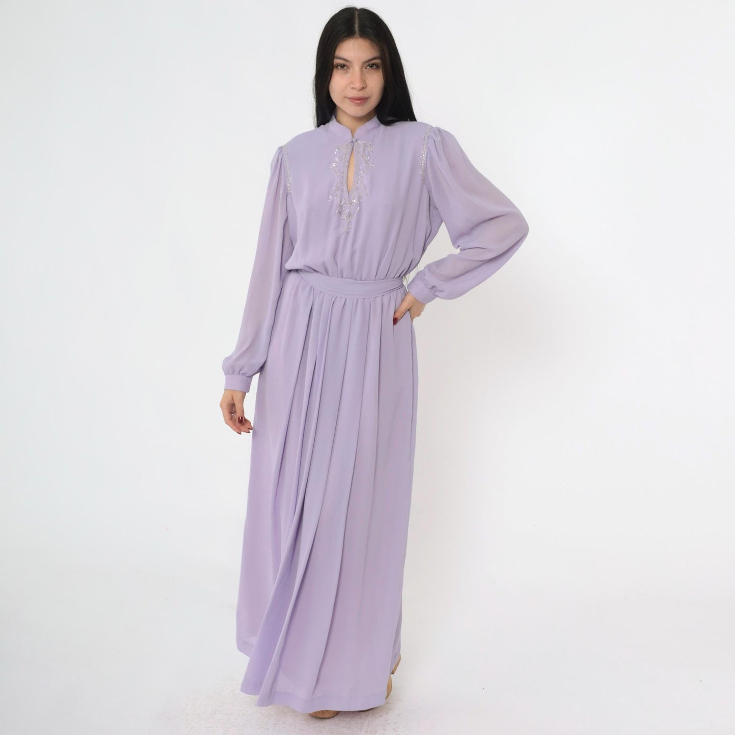 80s Lavender Chiffon Maxi Dress Beaded Sequin Puff Sleeve Mandarin Collar Medium M