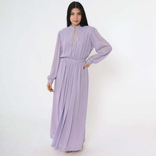 80s Lavender Chiffon Maxi Dress Beaded Sequin Puff Sleeve Mandarin Collar Medium M
