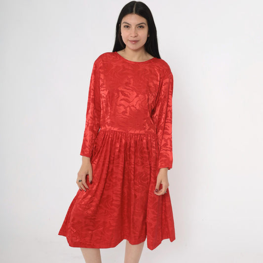 80s Apostrophe Red Jacquard Midi Dress Scoop Back Long Sleeve Medium M