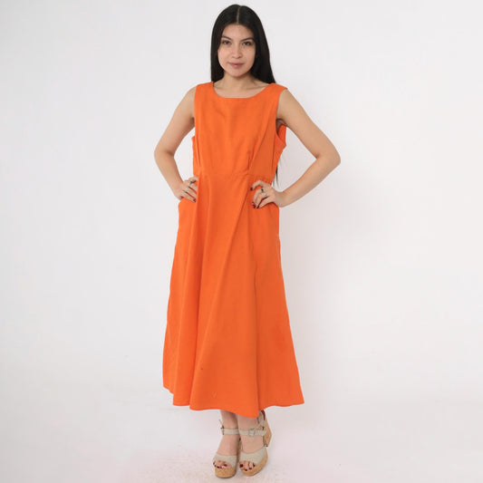 80s Orange Midi Dress Button Back A-Line Sleeveless Medium M