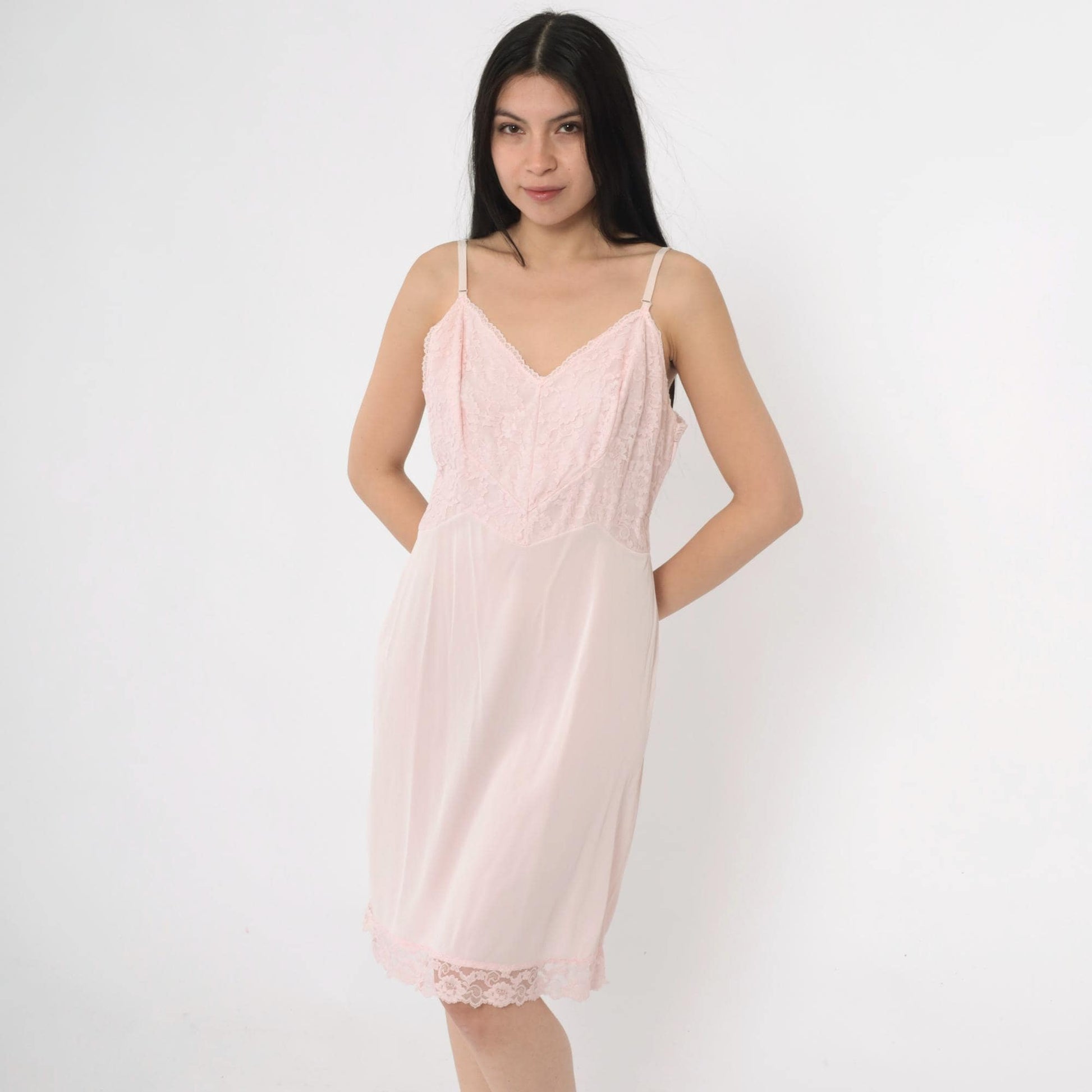 70s Pink Lace Slip Dress V-Neck Spaghetti Straps Mini Nightgown Medium