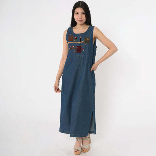 90s Blue Denim Dress Floral Embroidered Patchwork Sleeveless Ankle Length Medium