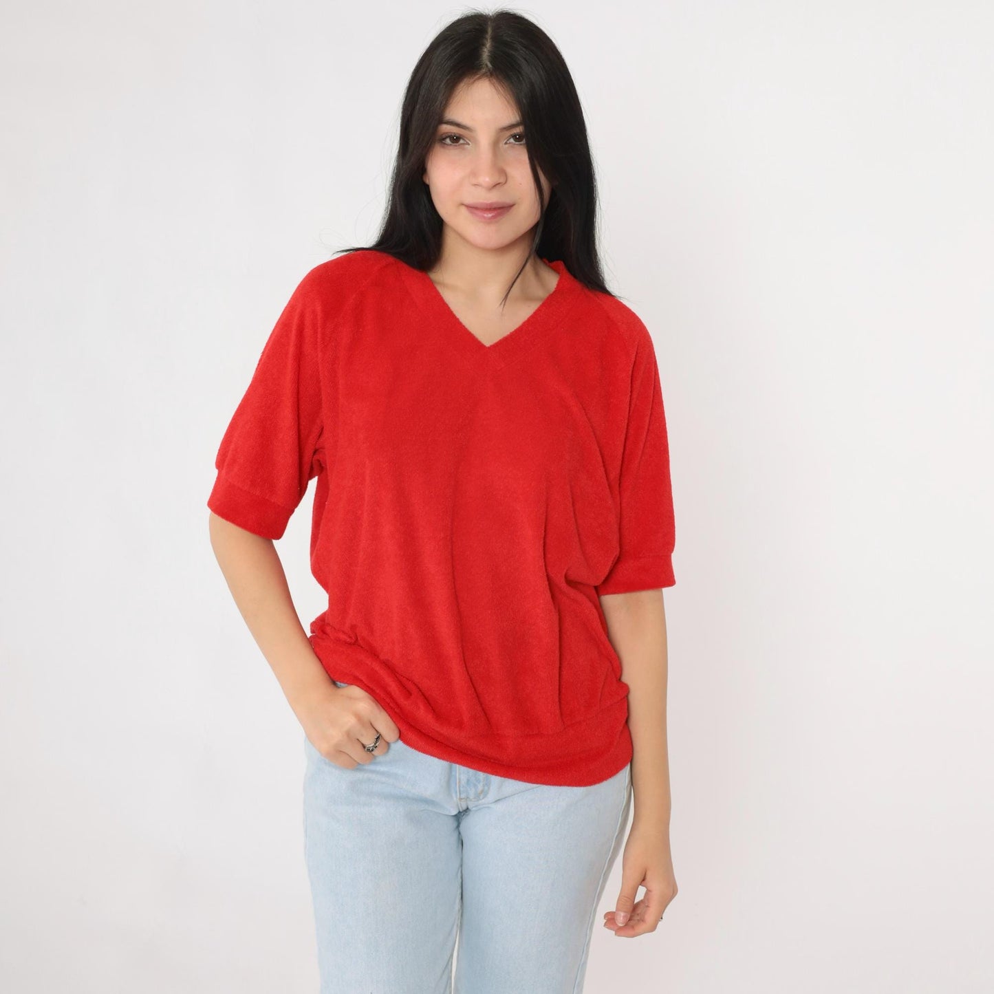 80s Alfie California Terry Cloth V-Neck Top Red Short Sleeve Medium Large