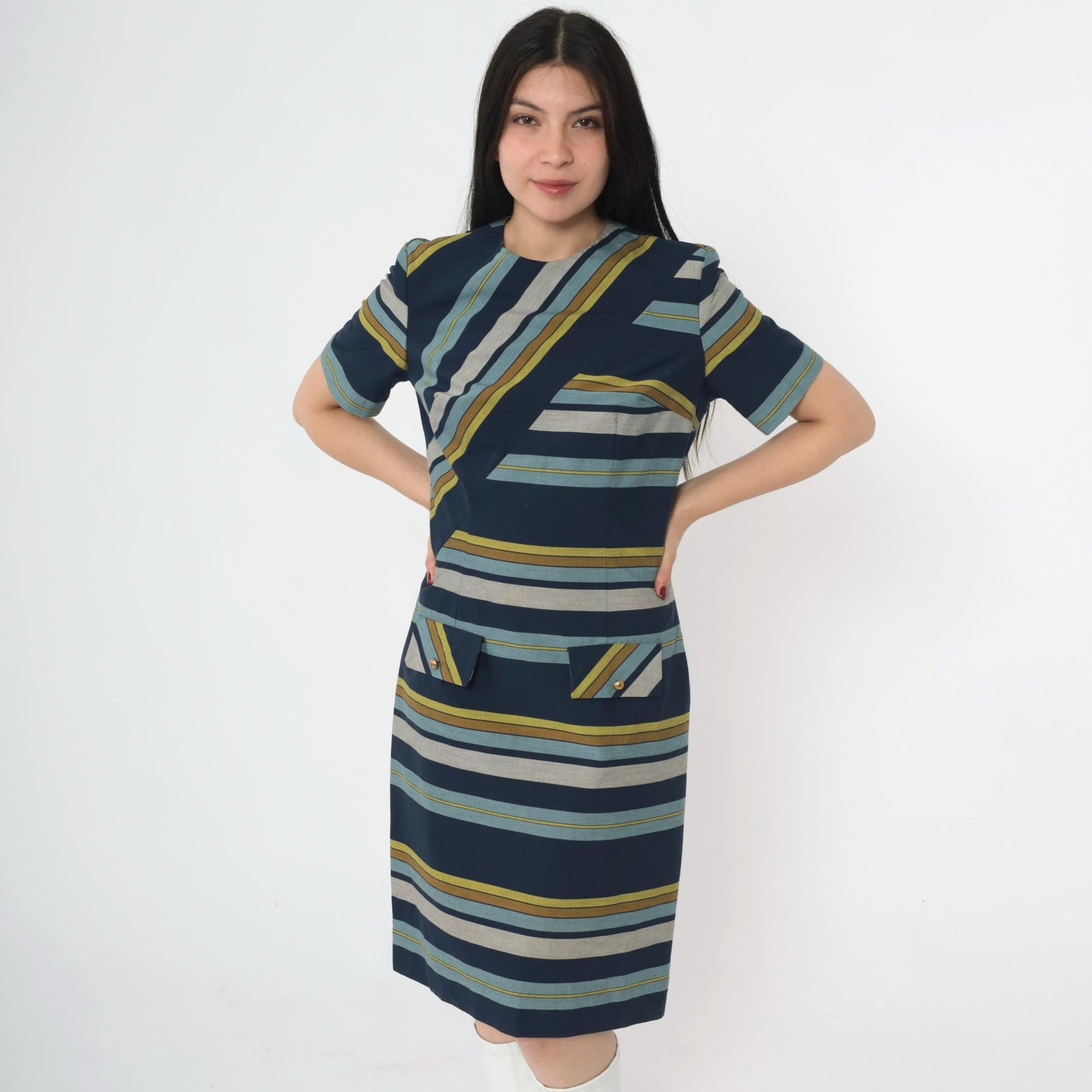 60s Striped Shift Dress Navy Blue Green Grey Mod Crew Neck Small S