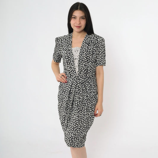 90s Karin Stevens Black Floral Midi Dress Puff Sleeve Lace V-Neck Small