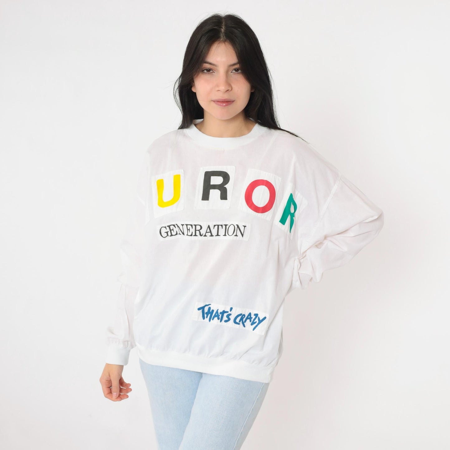 90s Furor Generation Graphic Long Sleeve Shirt White Colorful Appliqué Large L