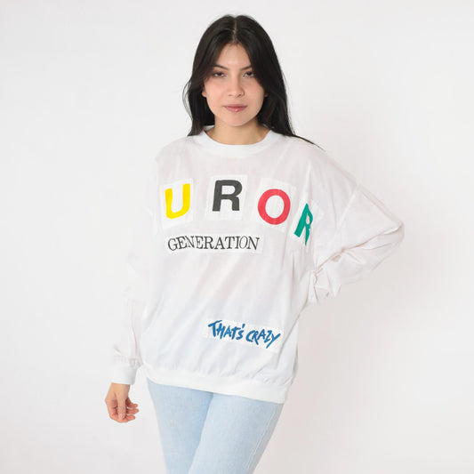 90s Furor Generation Graphic Long Sleeve Shirt White Colorful Appliqué Large L