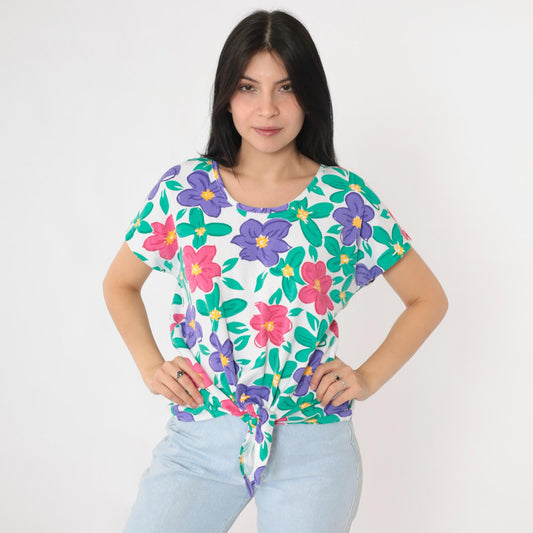 90s Aileen Petites Floral Tie Waist Graphic Tee White Short Sleeve Medium
