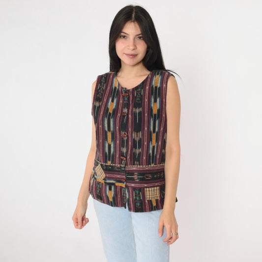 90s Ikat Striped Sleeveless Button-Up Shirt Black Multicolor Medium M