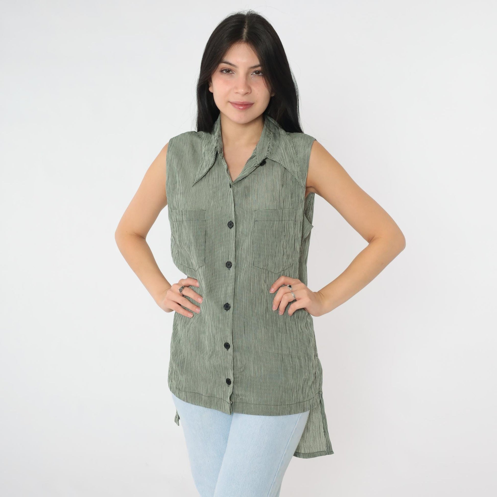 90s Marianna Black Cream Checkered Sleeveless Blouse Long Tail Button Up Large